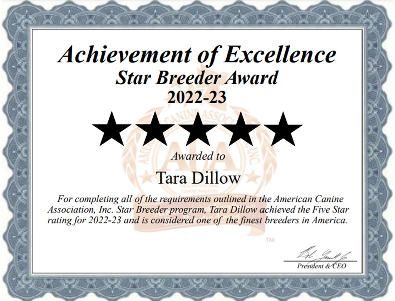 Tara, Dillow, dog, breeder, about, history, certificate, Tara-Dillow, Clay, Center, KS, dog, breeder, dog-breeder, reviews, star, starbreeder, aca, ica, registered, puppies, for, sale, puppy, mill, USDA, 48-A-2019, 48a2019